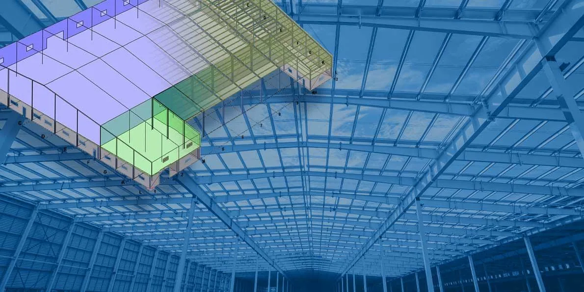 3D model of a building's steel framework overlaid on the actual structure.