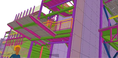 A colorful 3D rendering of a building's structural framework, showcasing purple beams, green supports, and pink and gray platforms.