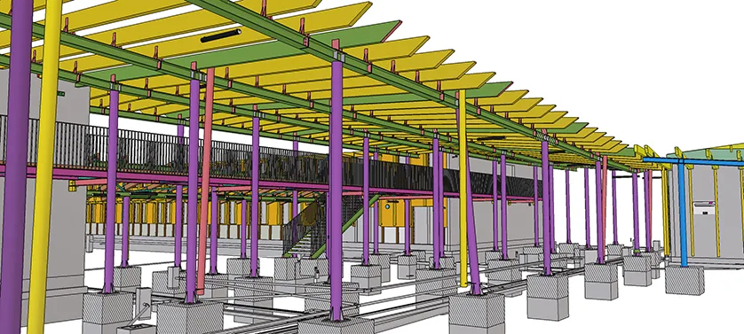 3D rendering of a building's framework with purple and yellow columns supporting a green and yellow roof structure.