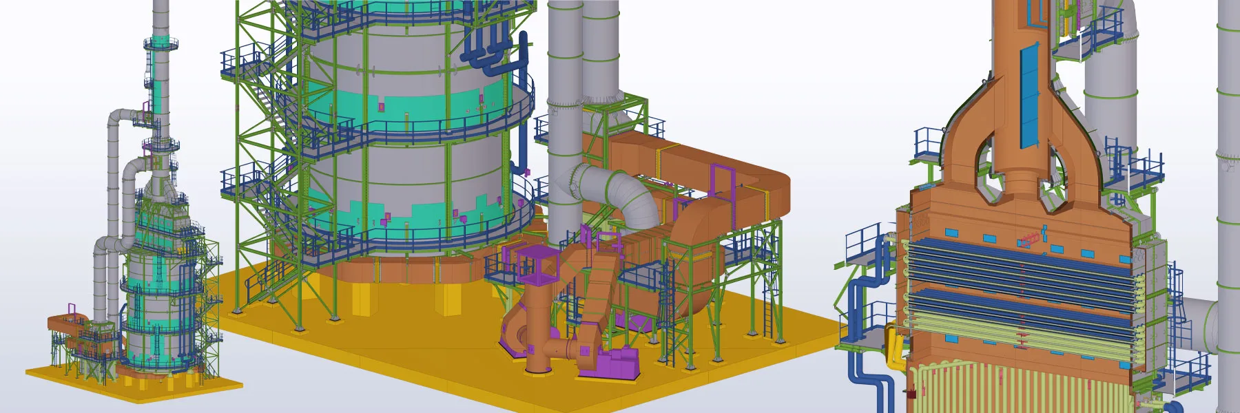 3D rendering of a hot oil heater and associated industrial equipment.