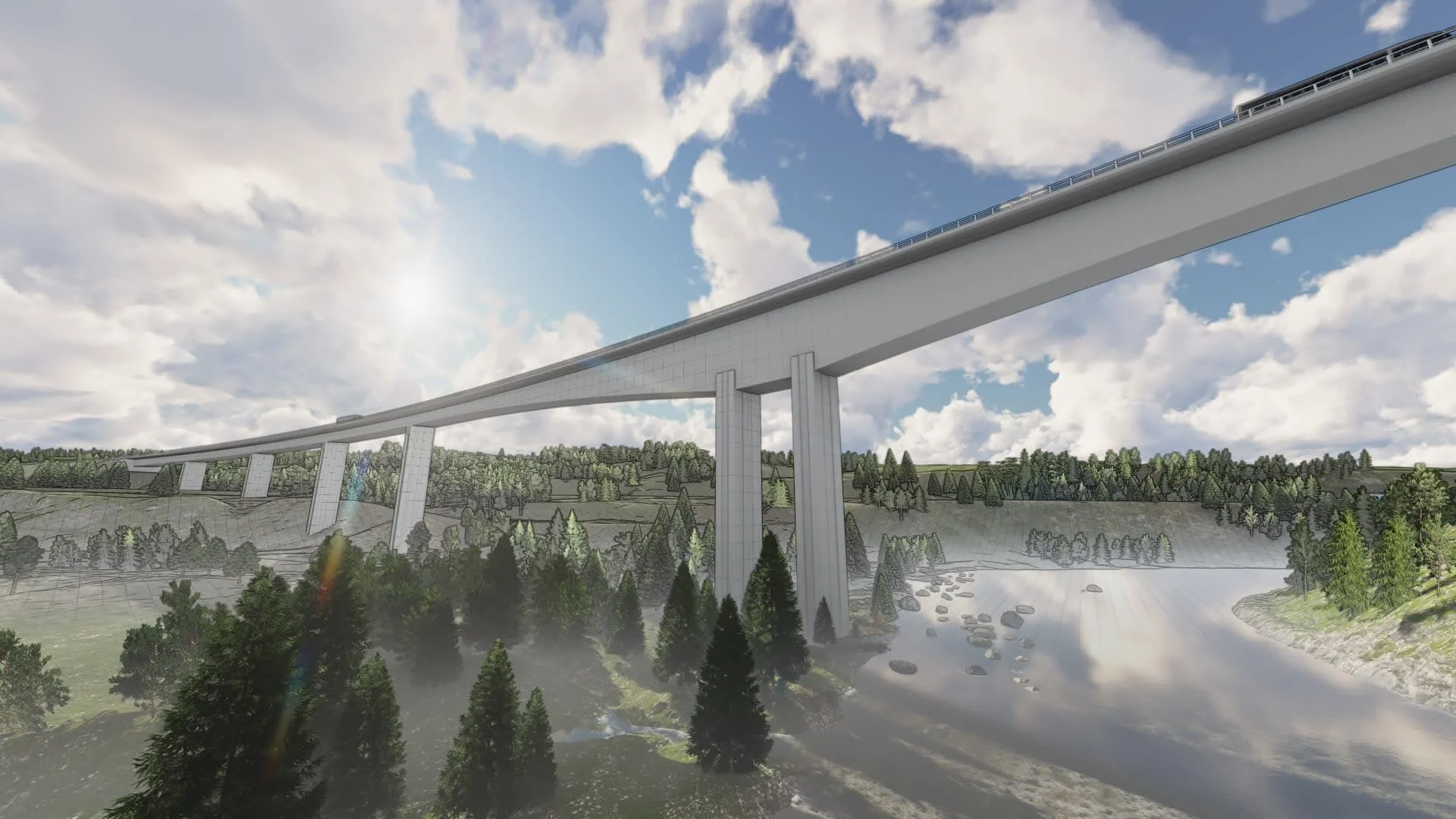 A rendering of a long, modern concrete bridge stretching across a wide river and forested valley under a partly cloudy sky.