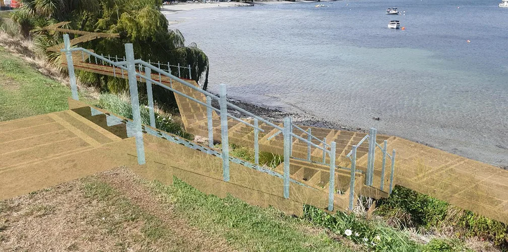 A proposed design for new stairs and a boardwalk leading to a waterfront area with boats.