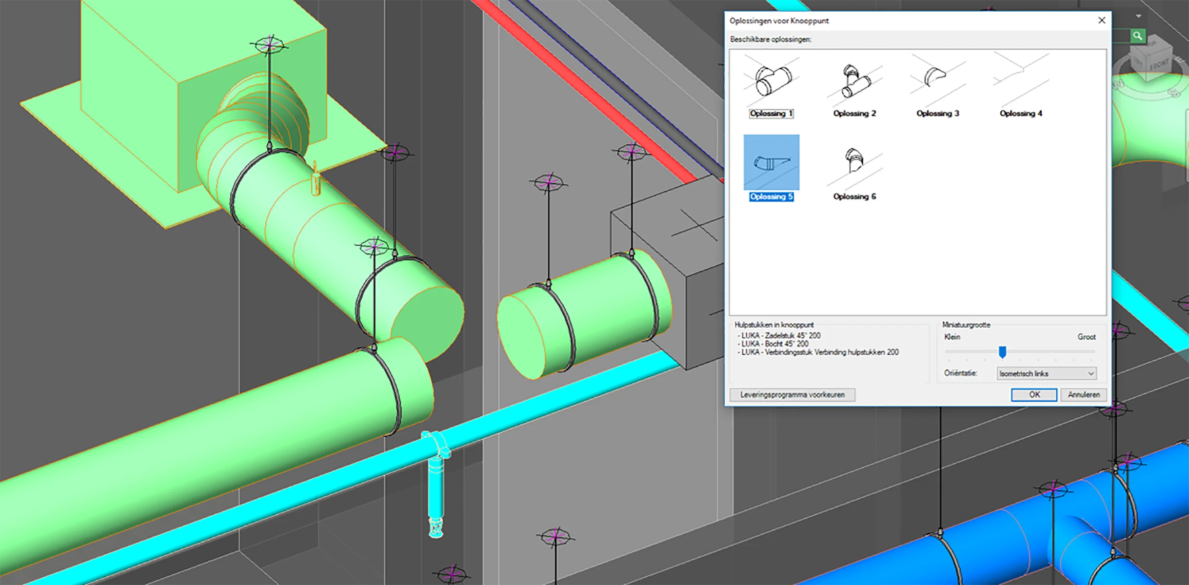 3D model of pipes with a pop-up window showing different options for pipe connections.