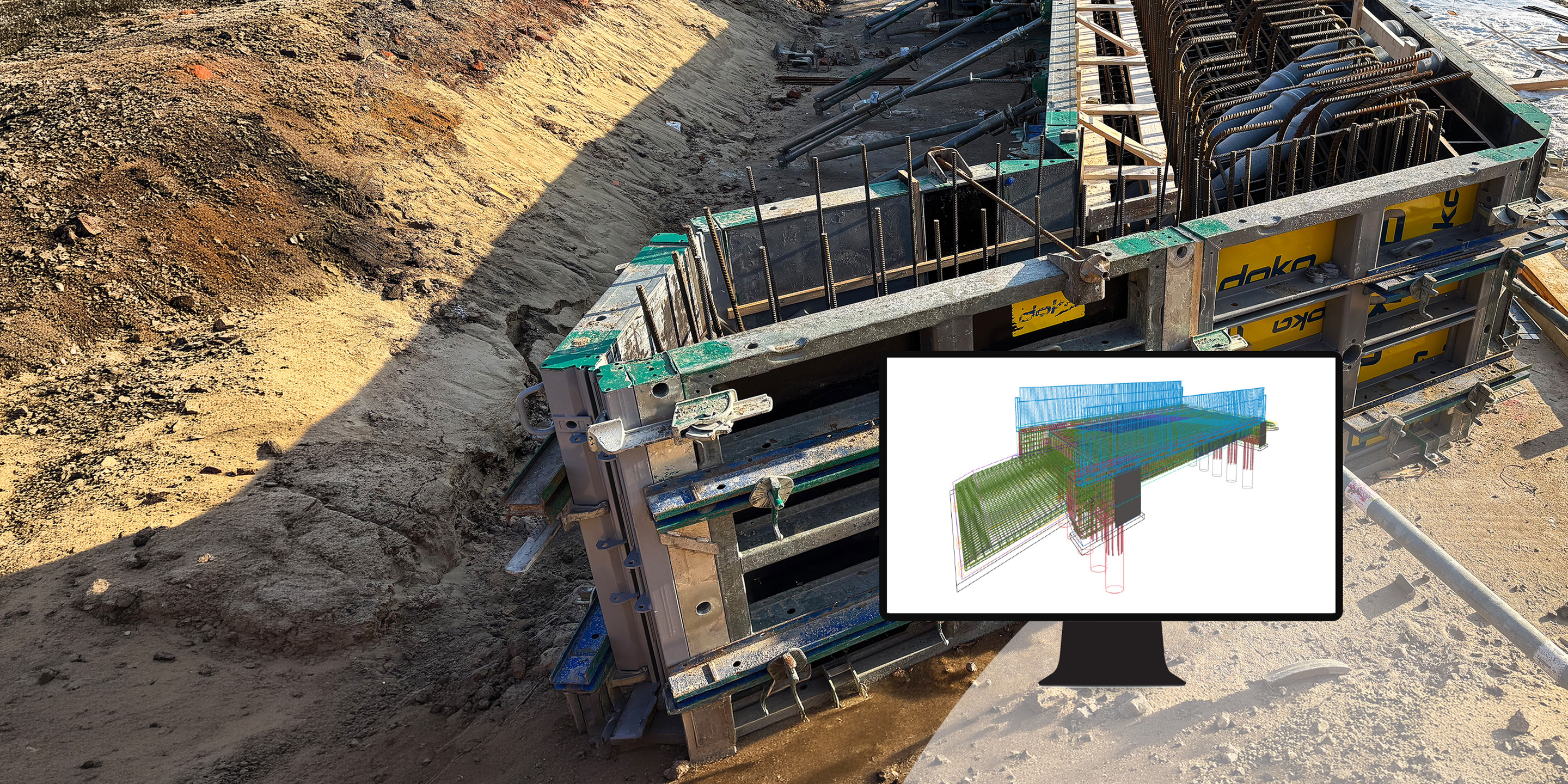 Abutment with formwork and reinforcement, with a monitor in the foreground showing the Tekla 3D model of the bridge.
