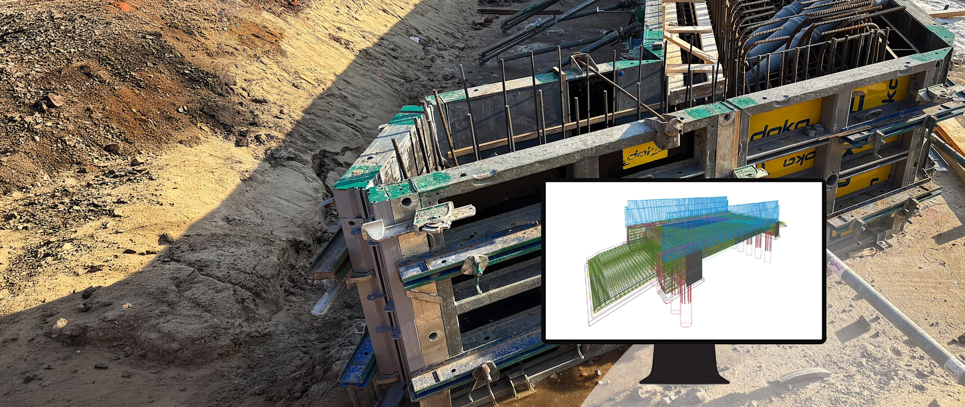Abutment with formwork and reinforcement, with a monitor in the foreground showing the Tekla 3D model of the bridge.