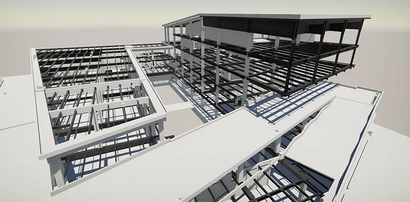 3D rendering of a building's steel frame structure during construction.