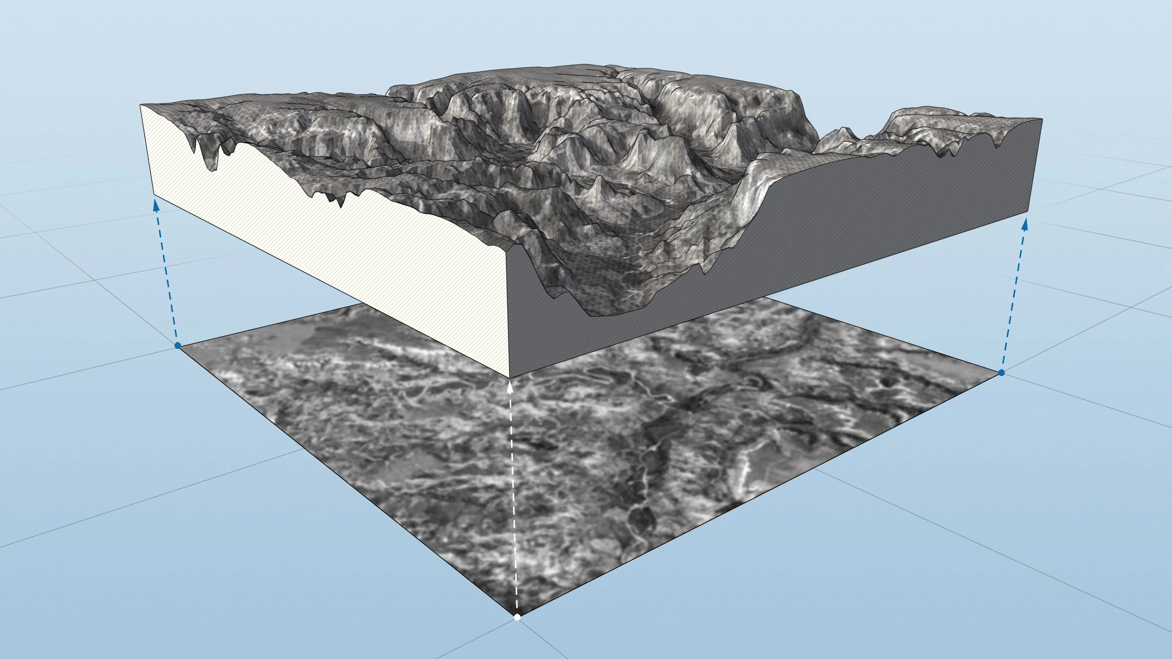 3D terrain model showing elevation data and a cross-section.