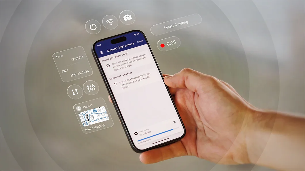 A hand holds a smartphone displaying the ProjectSight 360 Capture app with an AR overlay with app icons and options.