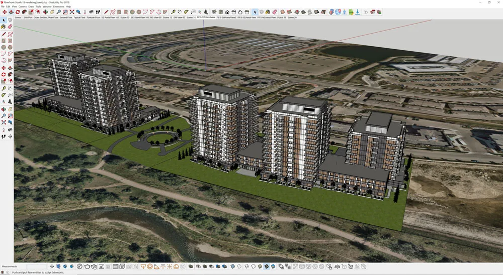 3D rendering of a modern condominium complex with multiple towers and green spaces.