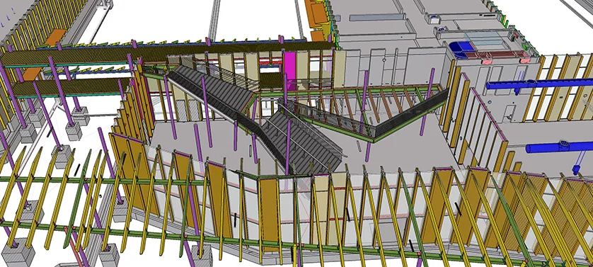 3D render of a modern building's interior design, showcasing diagonal walkways, wooden slat walls, and exposed structural elements.