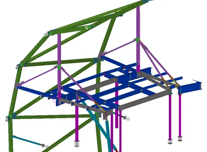 Tekla 3D rendering of a complex steel structure with various colored beams and supports.