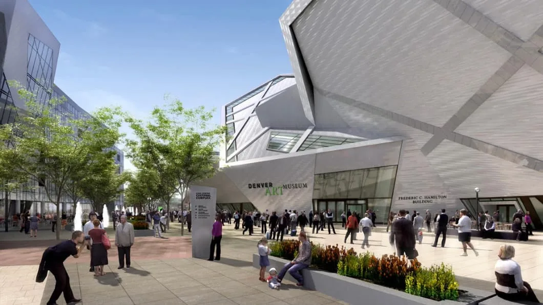 A rendering of the Denver Art Museum plaza, featuring angular architecture and a tree-lined walkway with pedestrians.