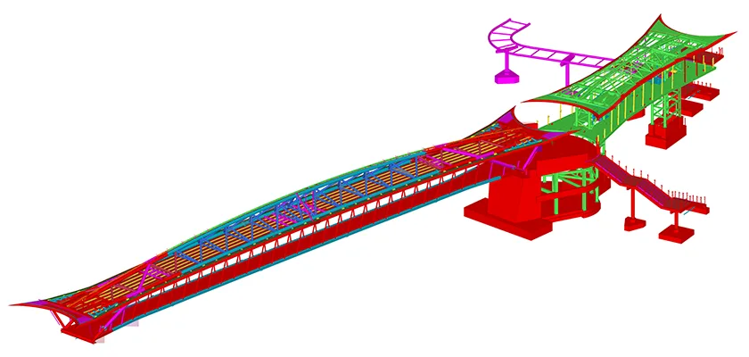 3D model of a footbridge with a curved roof, rendered in multiple colors to differentiate structural components.