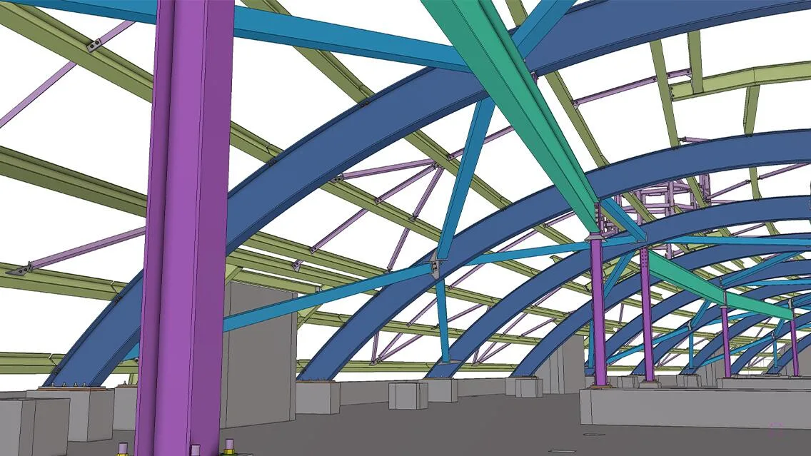 3D rendering of a steel and concrete structure, showcasing a complex network of purple, blue, and green beams and supports.