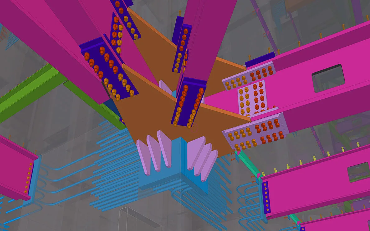 Tekla 3D model shows a complex steel structure with brightly colored beams and connecting plates.