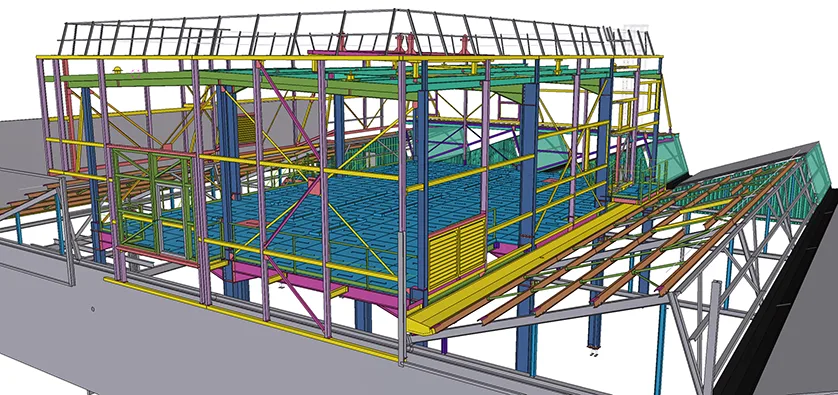 3D model of a complex structure with multiple levels, walkways, and support beams, rendered in various colors.