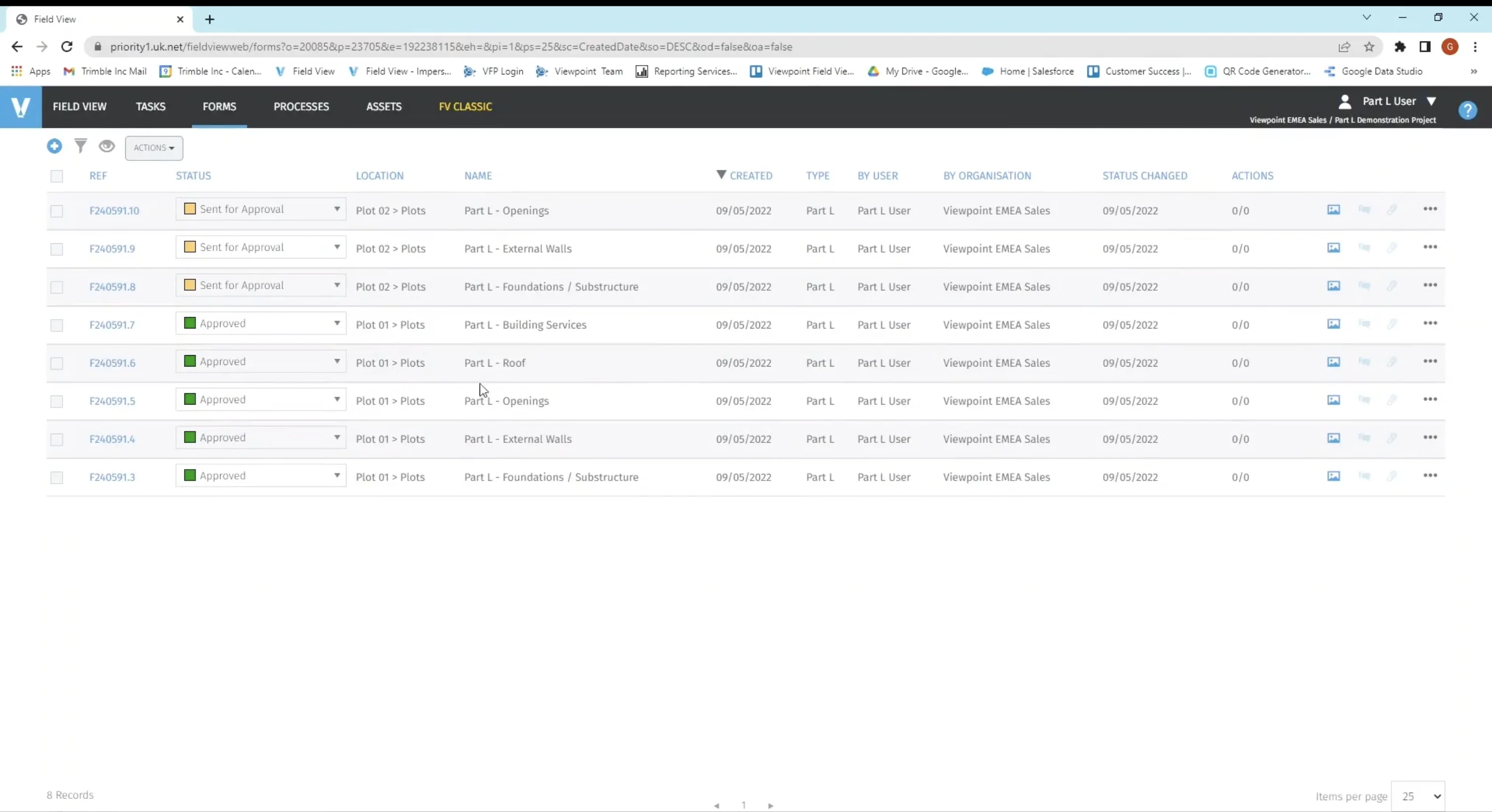 Screenshot of Part L processes view in a web browser in Field View