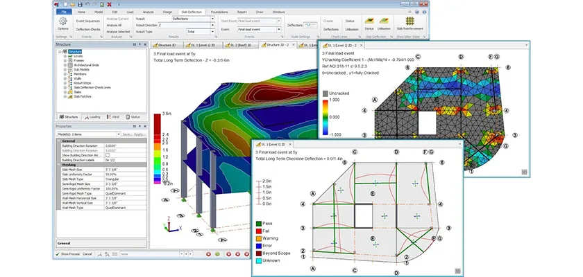 Tres capturas de pantalla tomadas de Tekla Structural Designer que muestran vistas de deflexión de losa