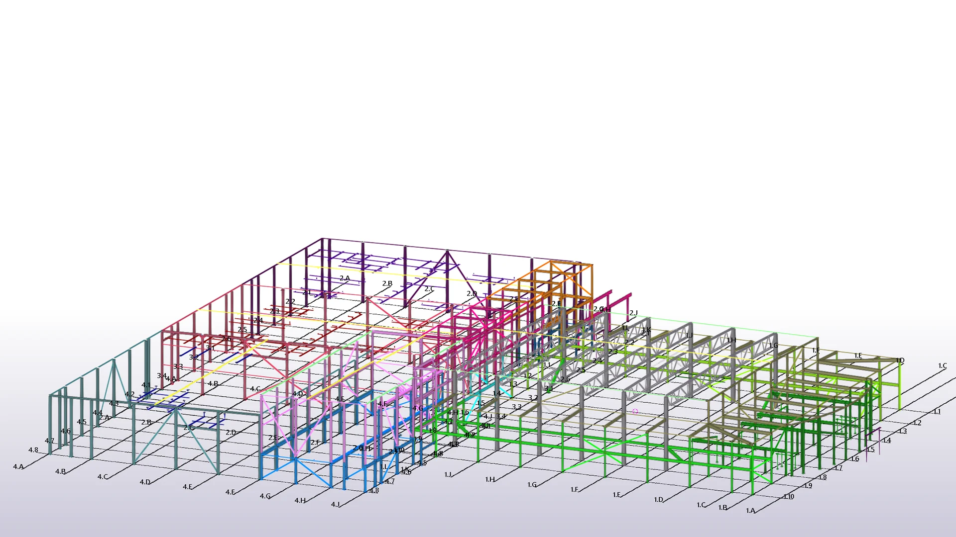 3D rendering of a steel frame structure in various stages of construction, with different sections highlighted in different colors.