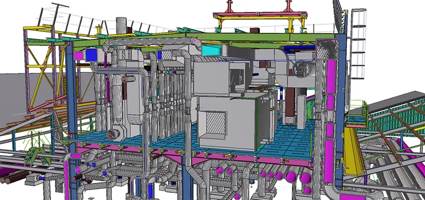 3D model of a complex industrial facility with intricate piping, machinery, and structural elements.