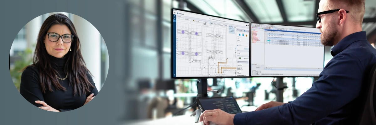 Woman portrait overlay next to a professional working on dual monitors with MEP takeoff software.