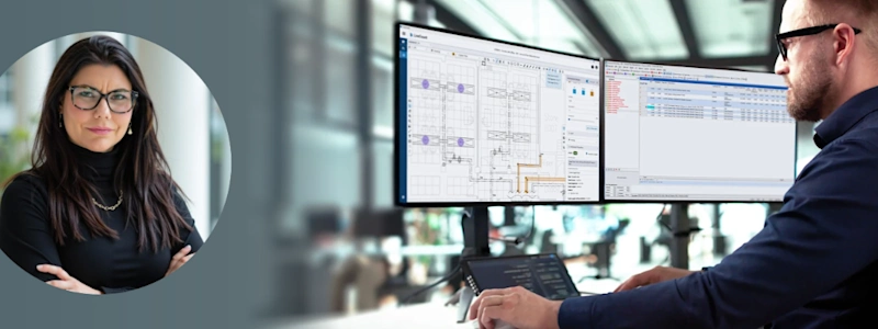 Woman portrait overlay next to a professional working on dual monitors with MEP takeoff software.