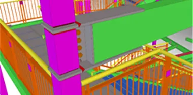 3D rendering of a steel beam and column connection in a building structure.