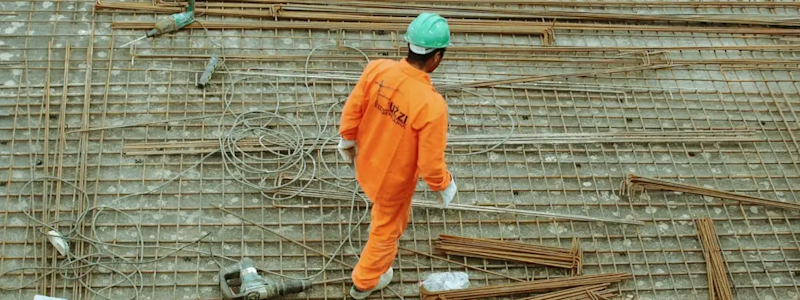 Worker in orange uniform and helmet walking on rebar grid at a construction site.
