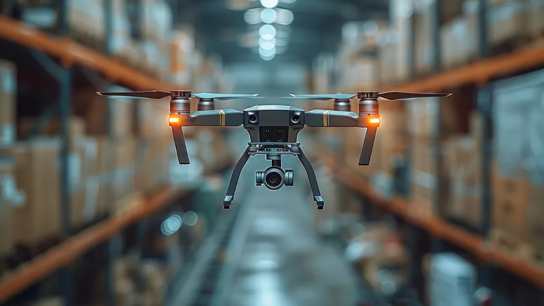 A delivery drone hovers in an aisle between shelves of packages in a warehouse.
