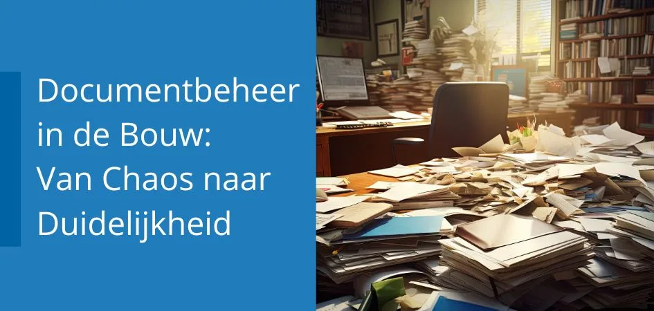 Document management in construction: from chaos to clarity, featuring a messy office overflowing with documents.