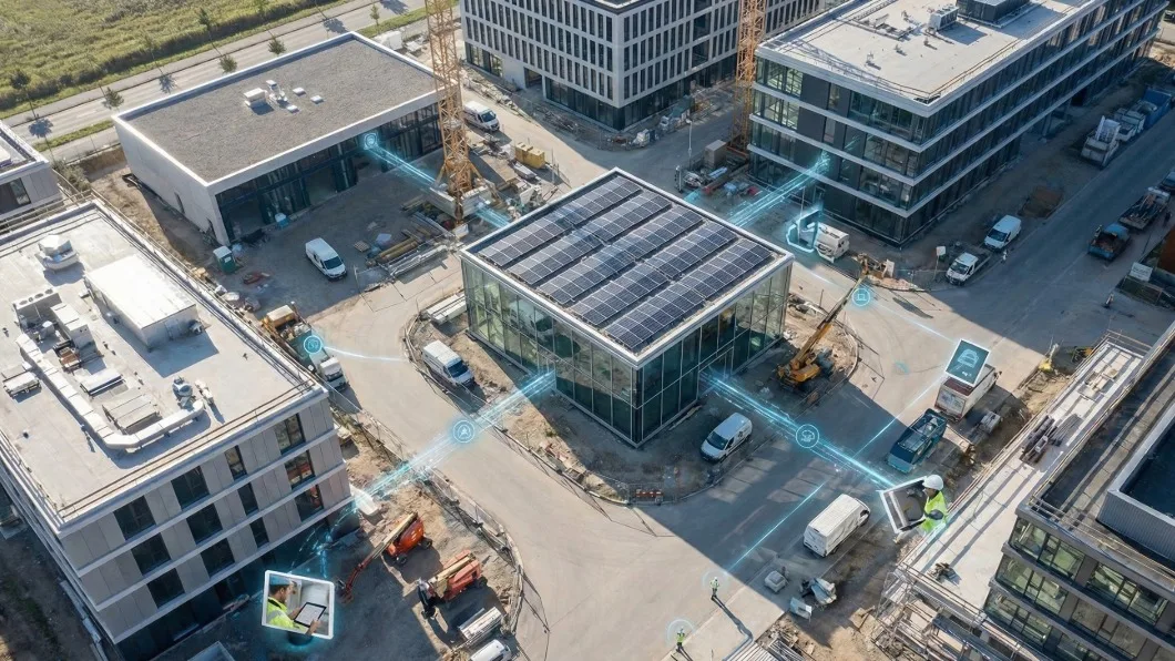 Aerial view of buildings with solar panels and blue digital lines connecting stylized people icons.