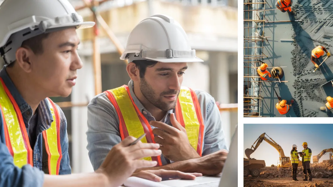 Three construction scenes: workers reviewing plans, aerial view of scaffolding crew, and two workers with excavators.