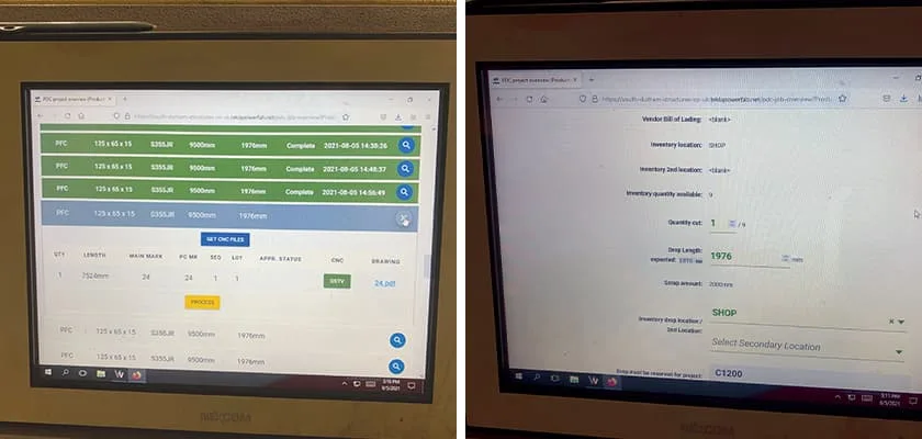 Two screens showing live stock information and status