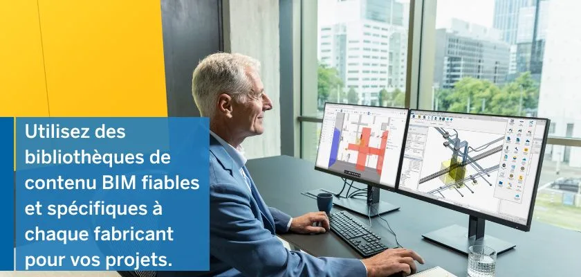 A man in a suit looks at two computer monitors displaying BIM software interfaces.