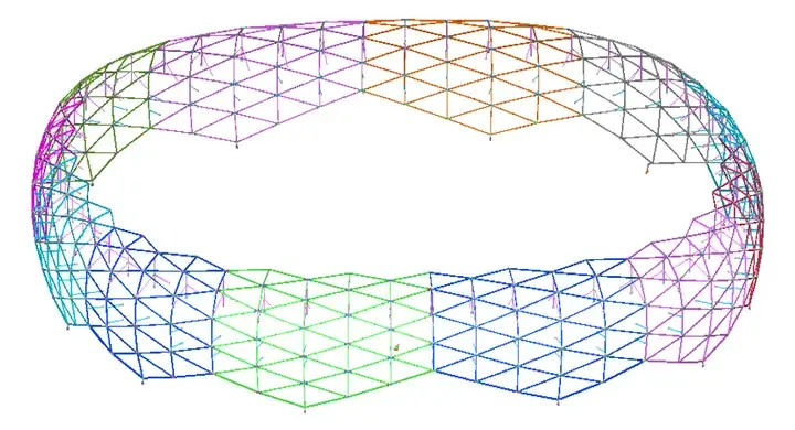 Tekla 3D wireframe model of a geodesic dome structure in shades of blue, green, purple, and orange.