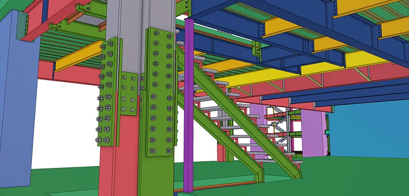 A 3D rendering shows the steel framework of a building under construction, with a staircase and structural beams highlighted in various colors.
