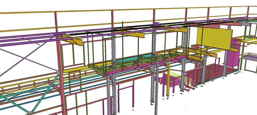 3D model of structural steel framework for a building, with various components highlighted in different colors.