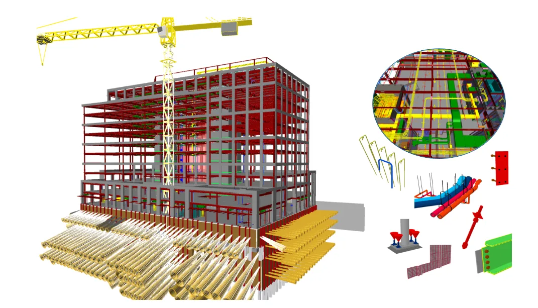 3D BIM model of building construction showing steel framework, crane, and various building components.