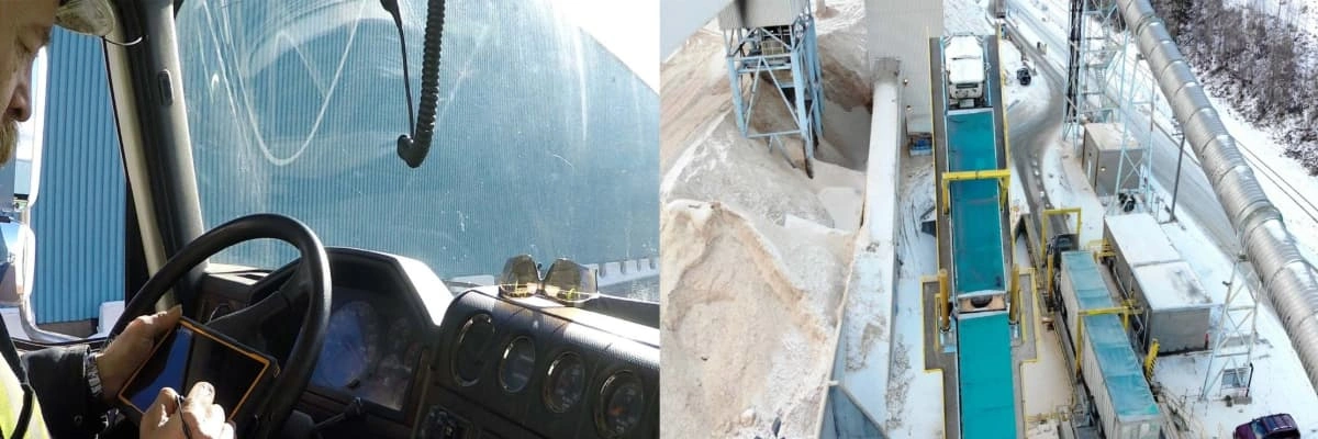 Split image of a driver using a tablet in a truck and an aerial view of a snowy industrial site with trucks.
