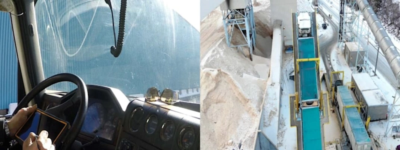 Split image of a driver using a tablet in a truck and an aerial view of a snowy industrial site with trucks.
