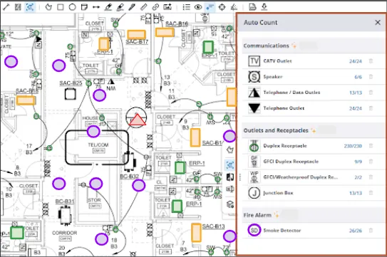 Electrical plan with Auto Count of outlets and devices displayed