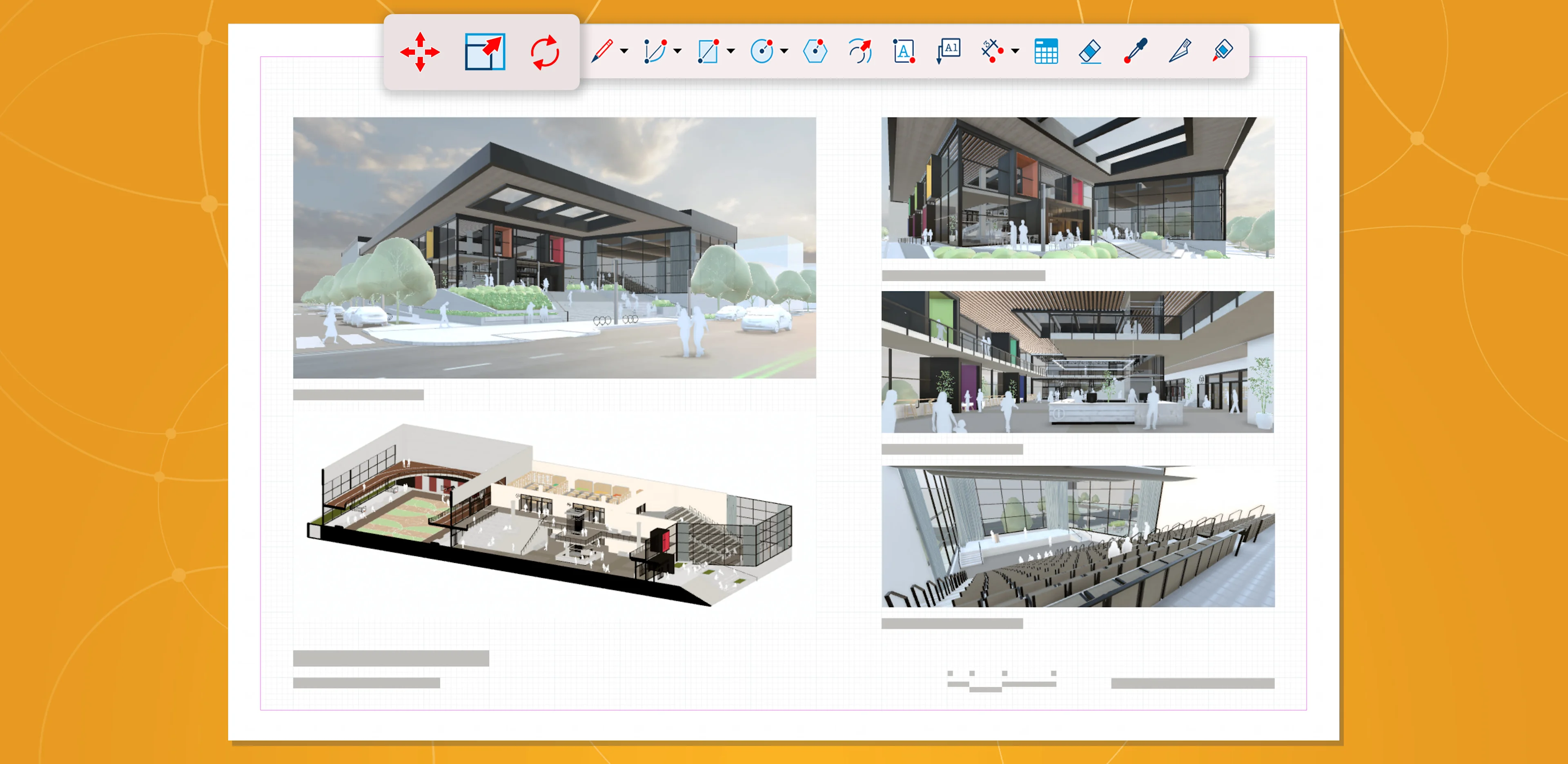 显示社区中心模型五幅图像的 LayOut 页面截图，工具栏突出显示移动、缩放和旋转工具图标。