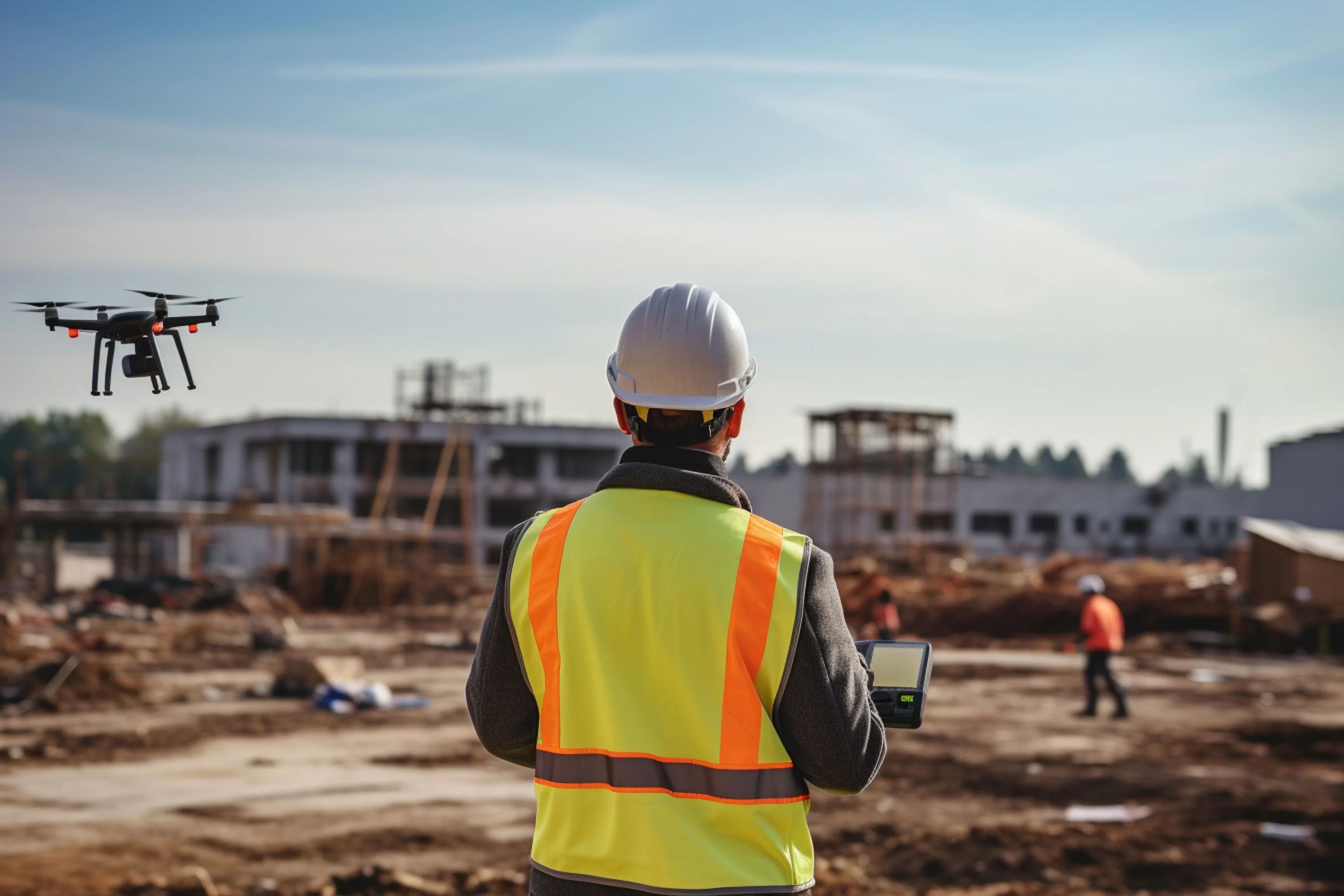 Construction worker in hard hat and safety vest operating drone with tablet at a construction site.