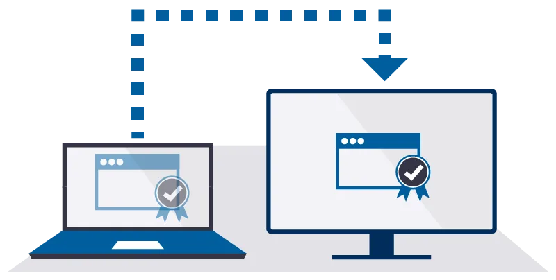 Illustration of a laptop and a monitor displaying a badge with a checkmark.