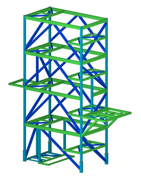 3D model of a steel structure, possibly an offshore rig, in green and blue.