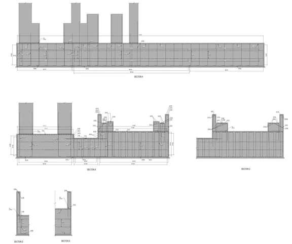 Architectural blueprints showing cross-sections of reinforced concrete structures with detailed dimensions and rebar placement.