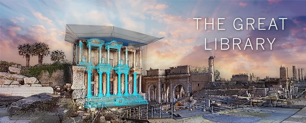 Point cloud image of The Library of Celsus with architect's design for conceptual roof addition. 