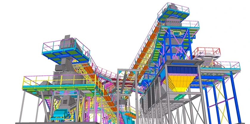 Tekla 3D model of a complex industrial plant with multiple conveyor belts and processing units.