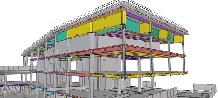 3D model of a building's structural frame, showcasing concrete columns and colorful steel beams and supports.