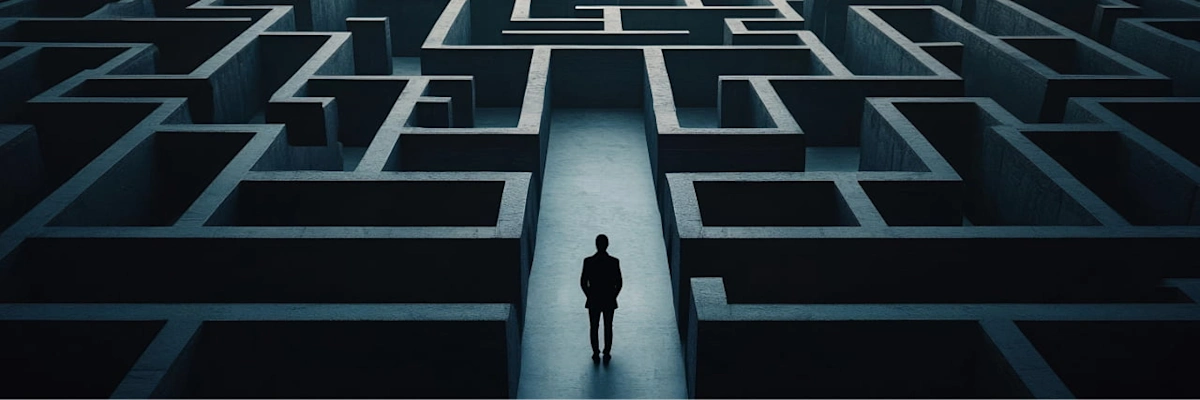 Silhouette of a person standing at the entrance of a massive, dark concrete labyrinth.
